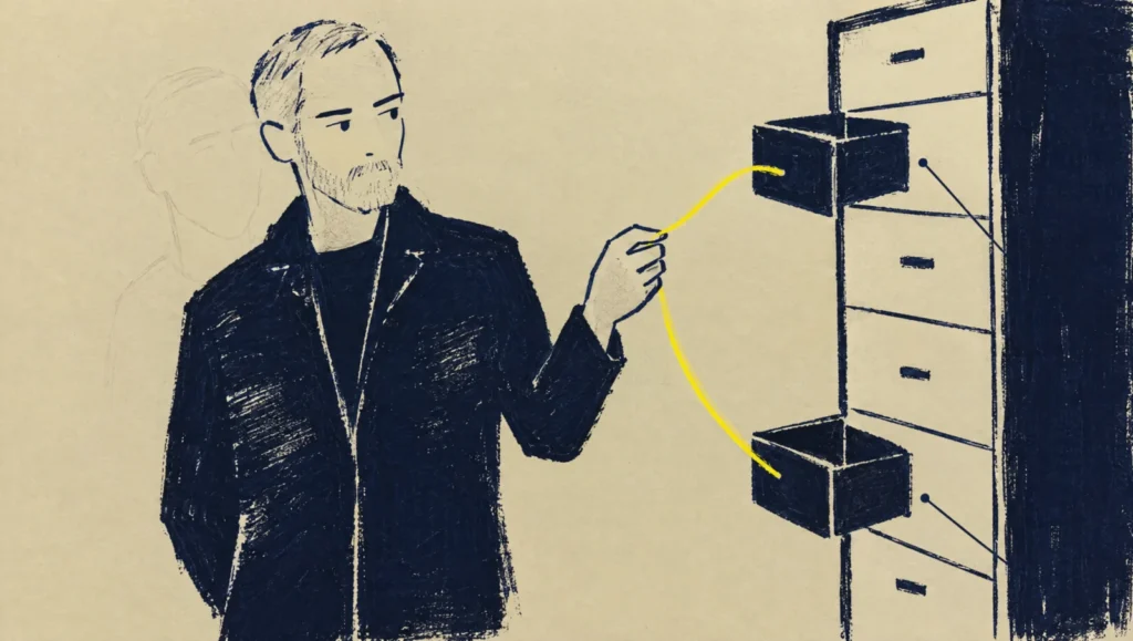 BusinessKit: en gråhårig man drar en gul tråd mellan två lådor i ett skåp, en spöklinje bakom. Tuschillustration.