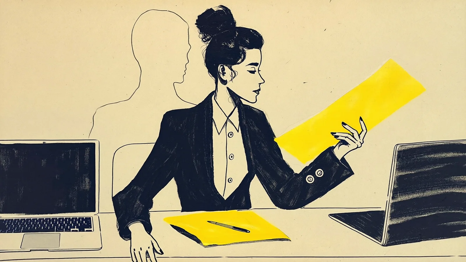 Cowork: en figur sitter mellan två öppna laptops och räcker ett gult ark från den ena till den andra, en spöklinje bakom. Tuschillustration.