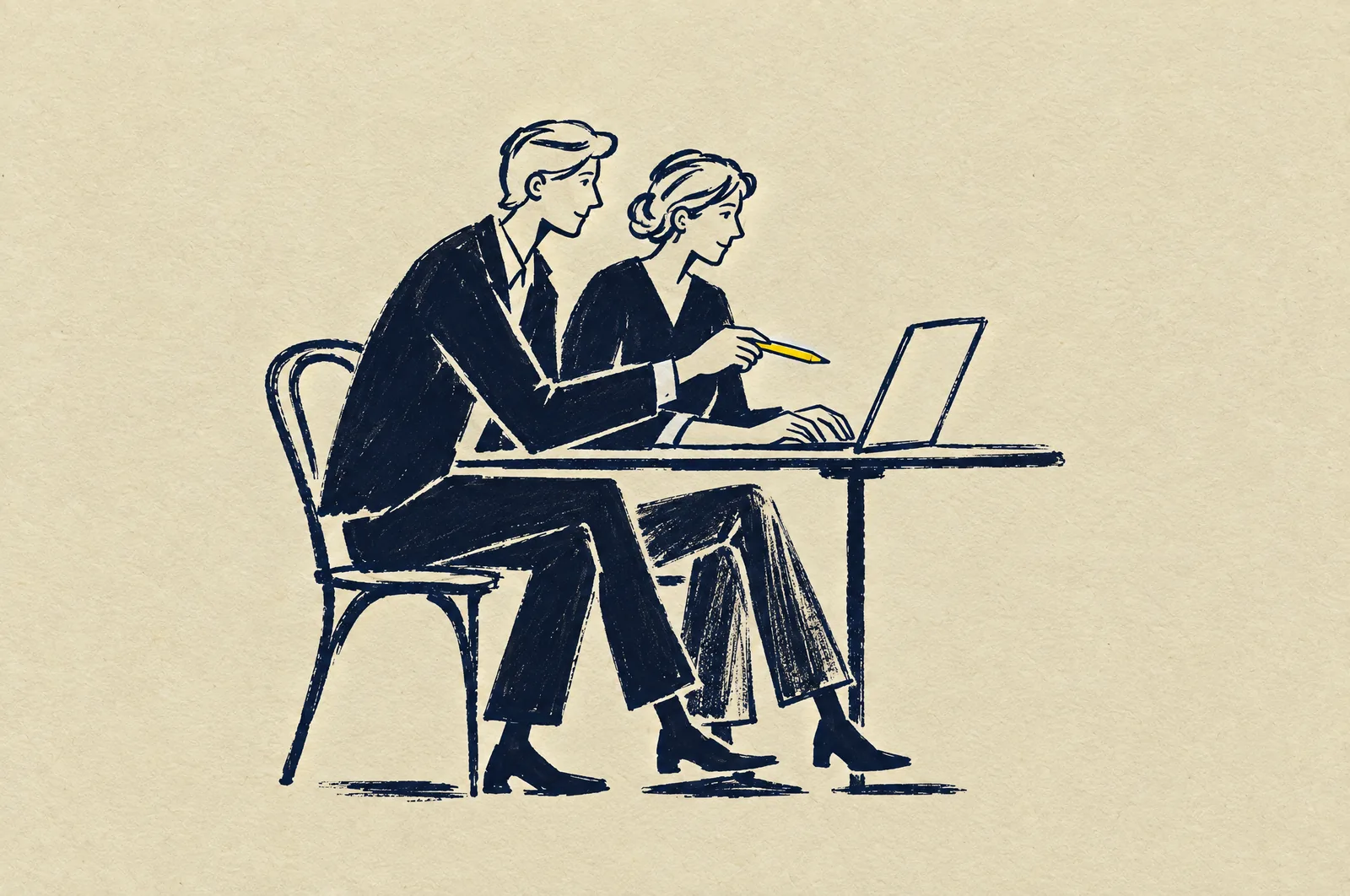 Tuschillustration: två personer sida vid sida vid samma laptop, den ena pekar på skärmen med en gul penna.