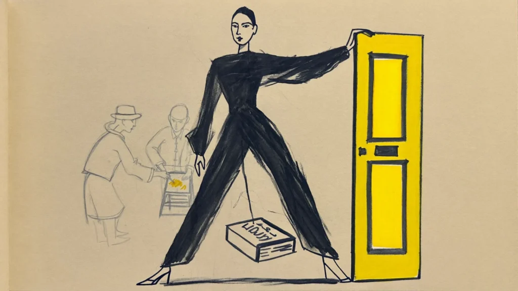 Hemsida: en figur håller upp en gul dörr medan två skissade gestalter packar lådor bakom. Tuschillustration.