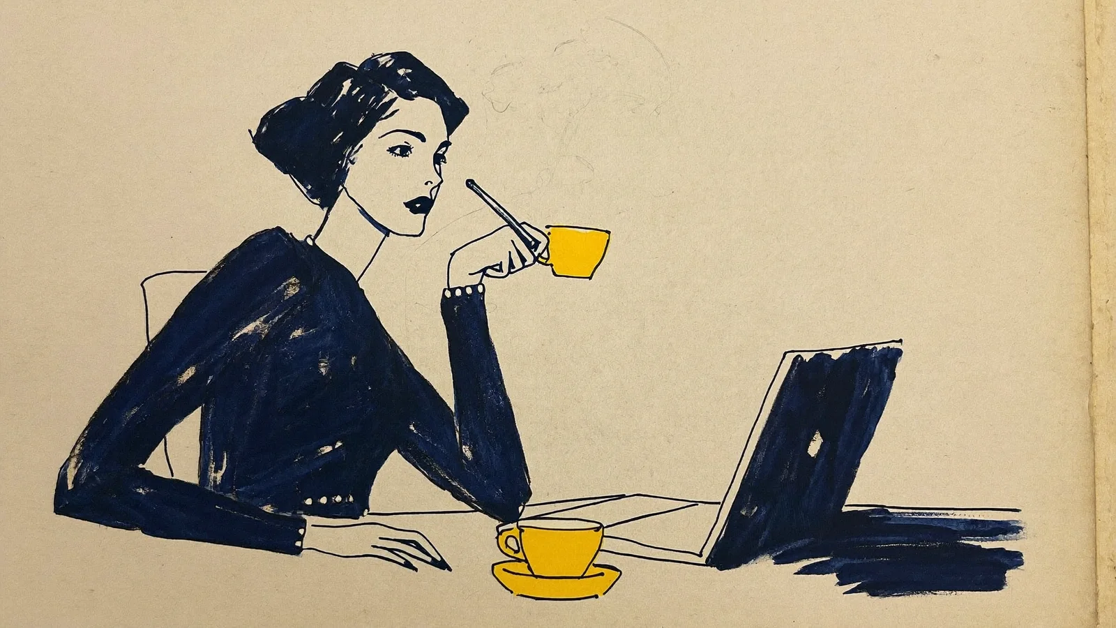 En kvinna lutar sig tillbaka vid ett kafébord med en gul kopp i handen och en öppen laptop framför sig, en svag spöklinje bakom henne. Tuschillustration.