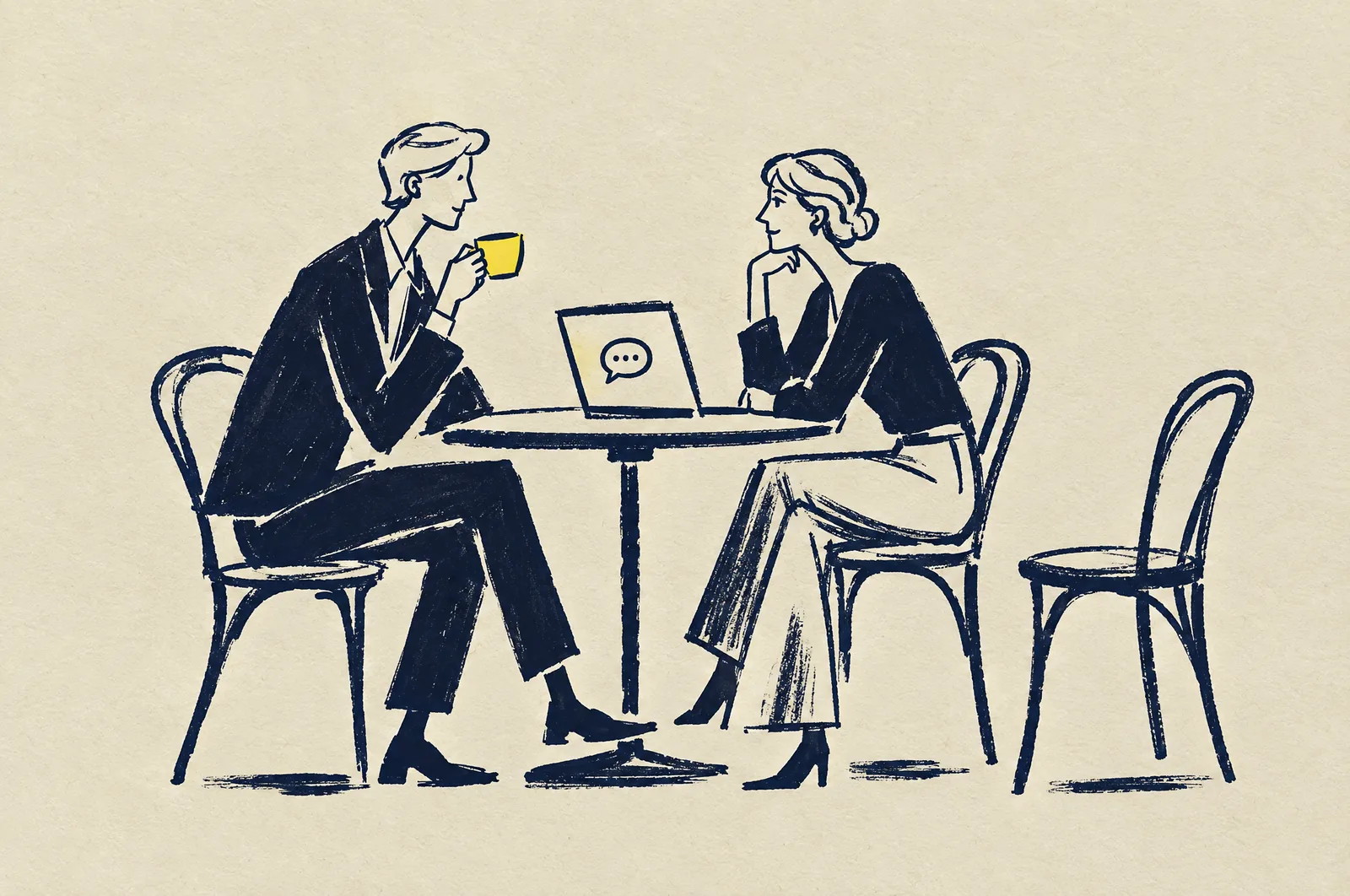 Tuschillustration i marinblått på cream papper: två personer vid ett kafébord med en öppen laptop mellan sig, en gul kaffekopp, en tom stol bredvid.