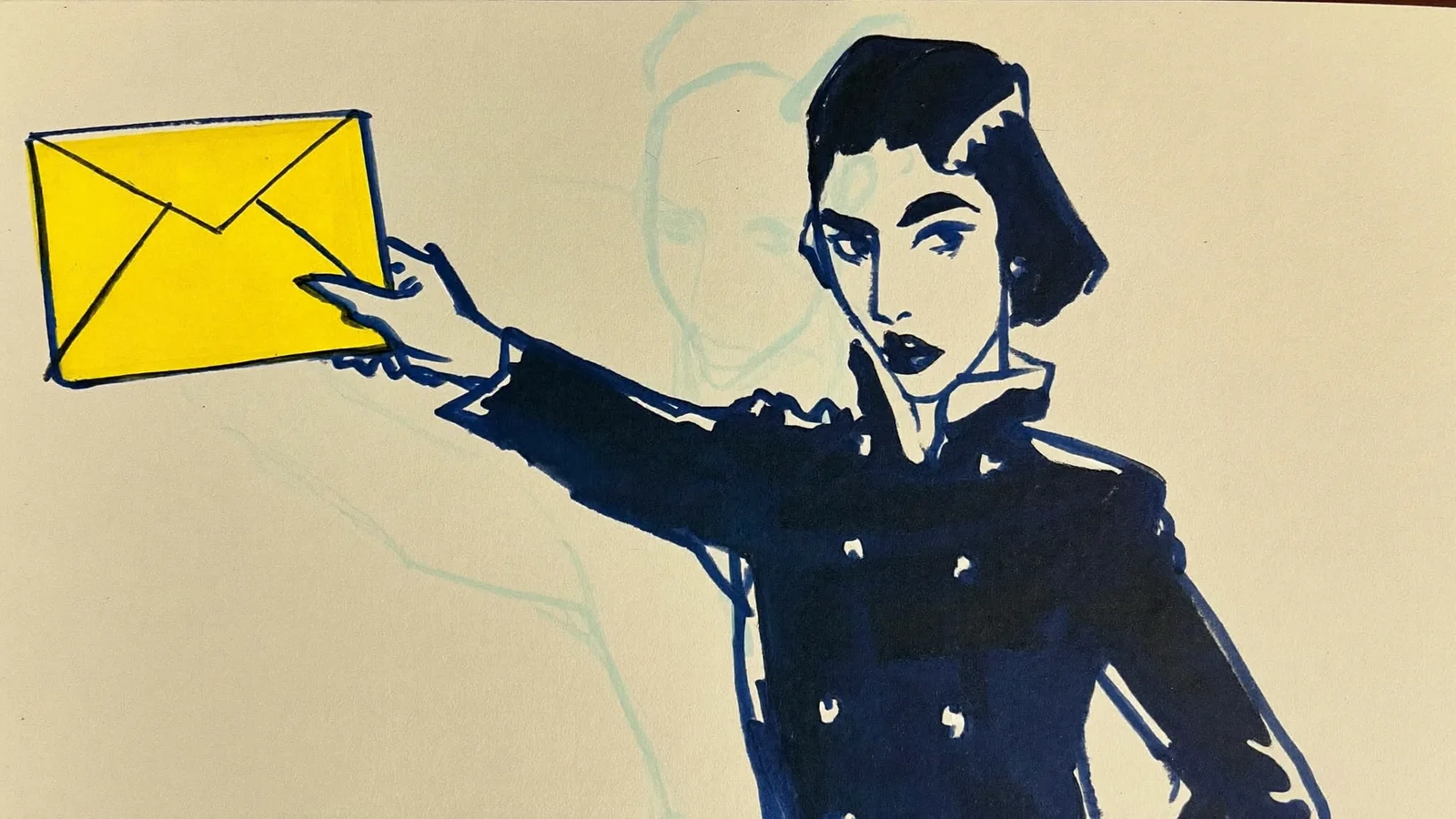 Kontakt: en figur räcker fram ett gult kuvert mot betraktaren. Tuschillustration.