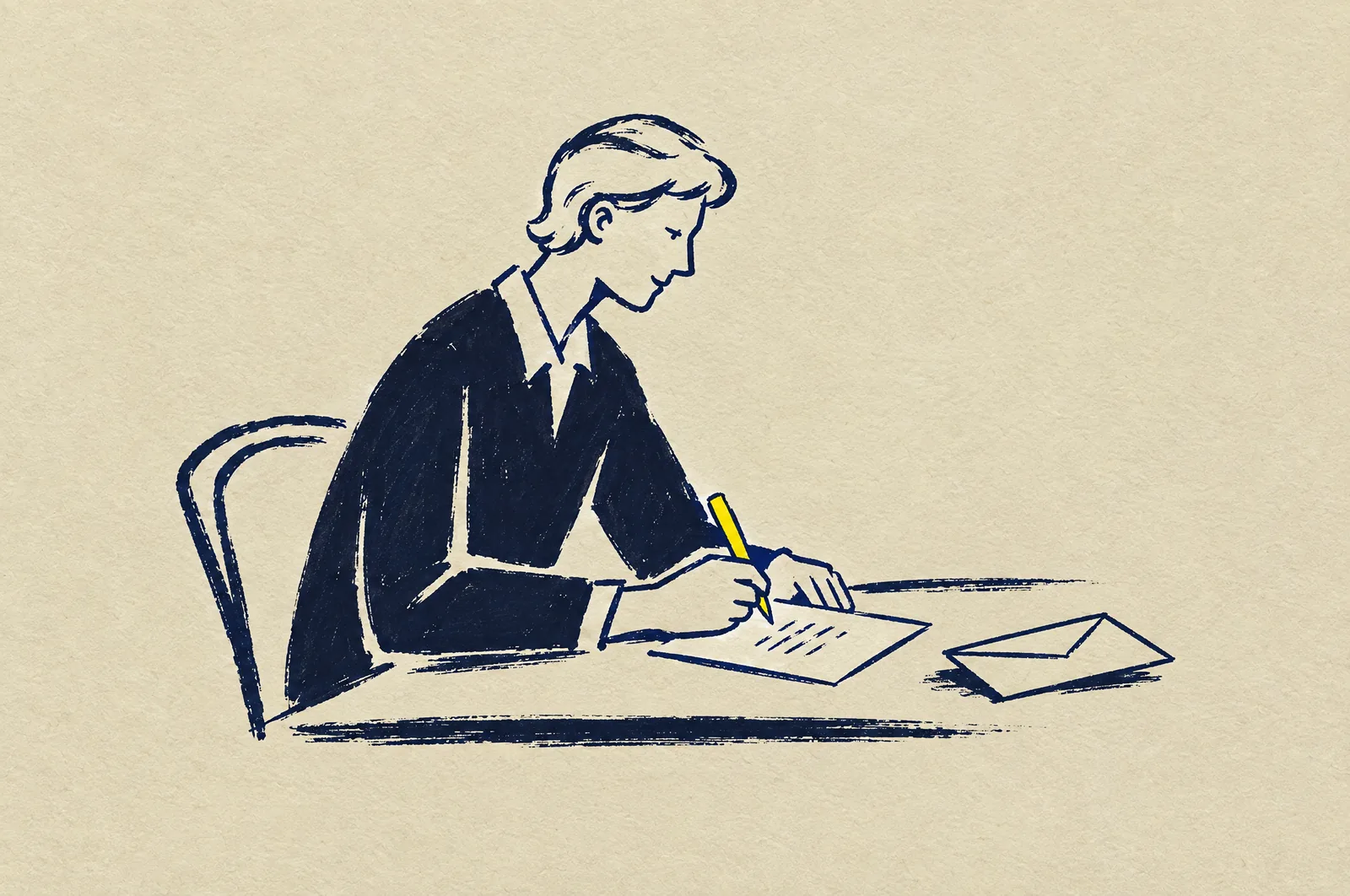 Tuschillustration: en person skriver ett brev för hand vid ett bord, ett kuvert bredvid, pennan gul.