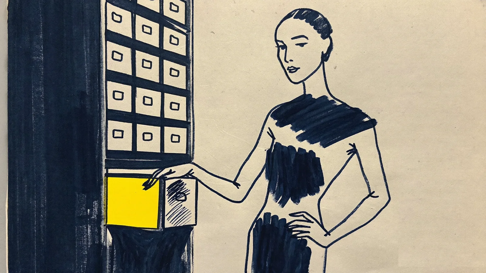 Vad är vad: en figur vid ett arkivskåp öppnar en gul låda. Tuschillustration.