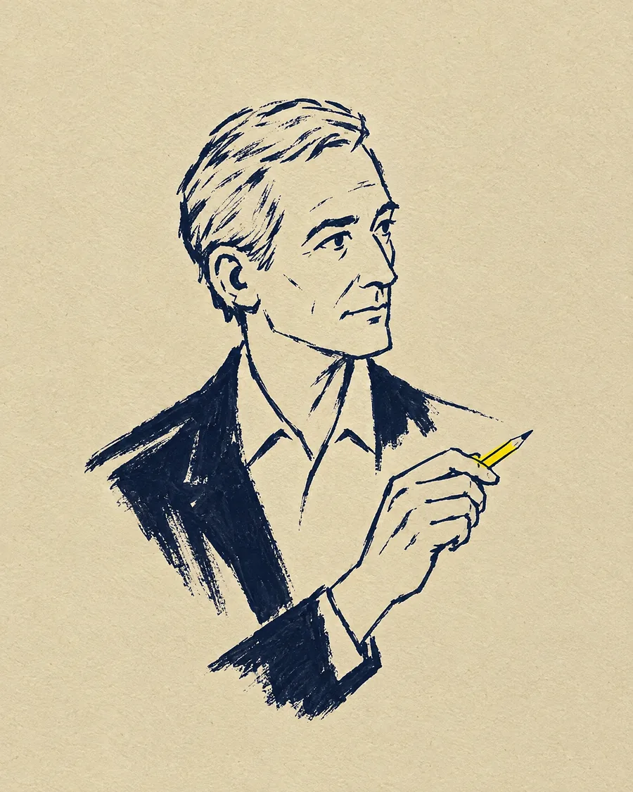 Tuschporträtt av en man med kort grått hår som håller en gul penna. Illustration, inte fotografi.