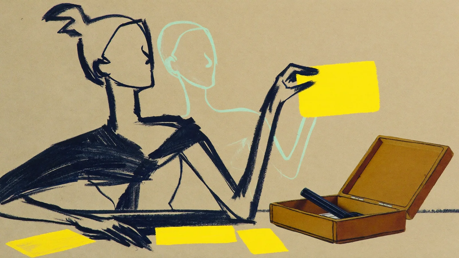 Receptlådan: en figur lyfter ett gult kort ur en öppen trälåda på ett bord. Tuschillustration.