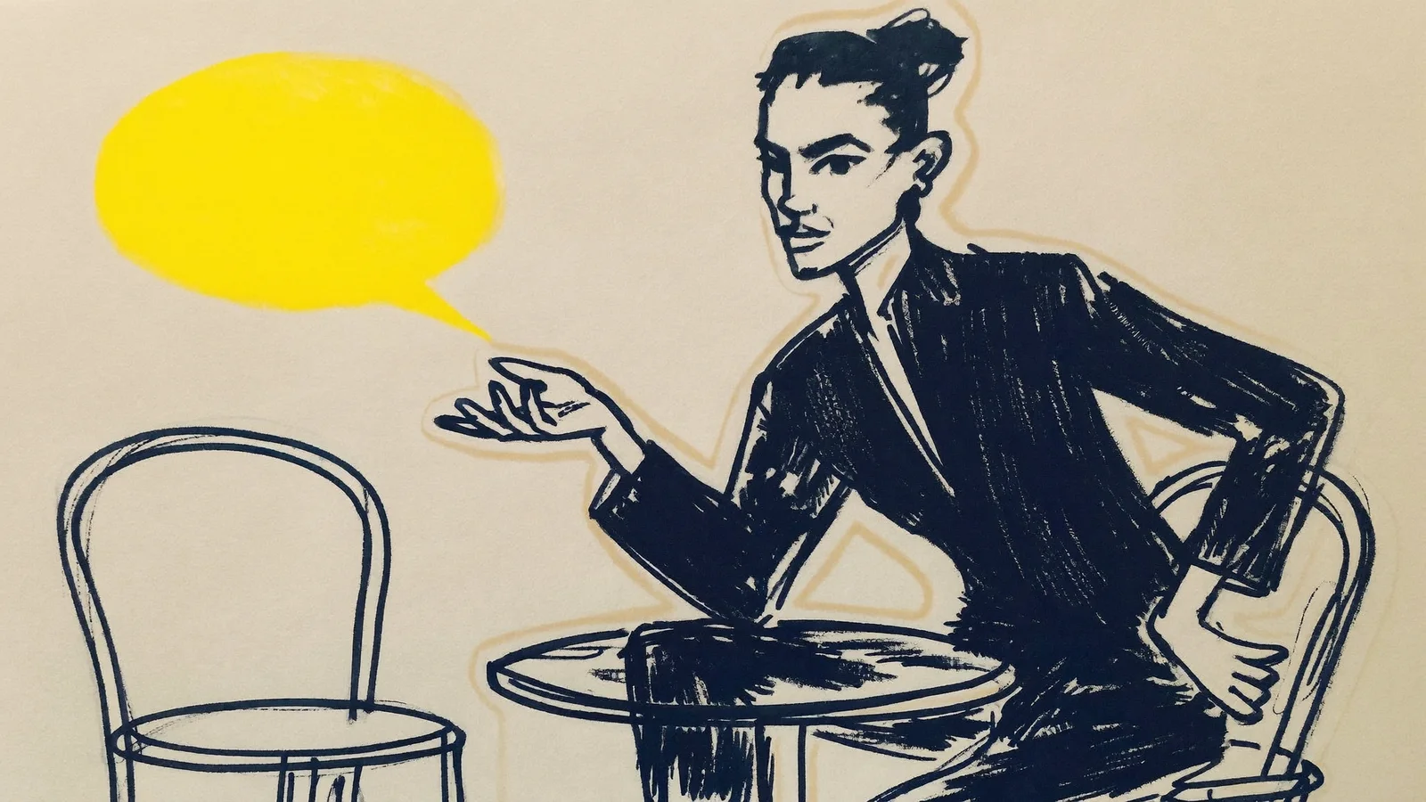 Samtalet: en kvinna vid ett litet bord talar mot en tom stol, en gul pratbubbla svävar över stolen. Tuschillustration.