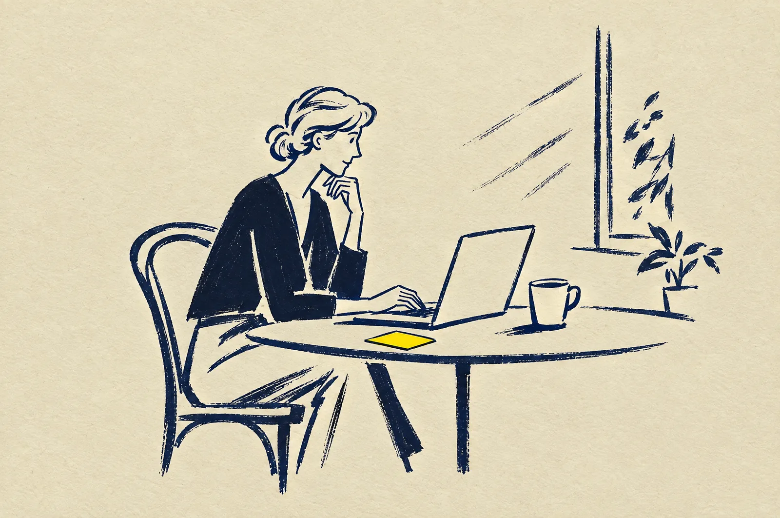 Tuschillustration: en kvinna vid ett köksbord skriver på en laptop, ett gult kort ligger bredvid, en kaffekopp, morgonljus från fönstret.