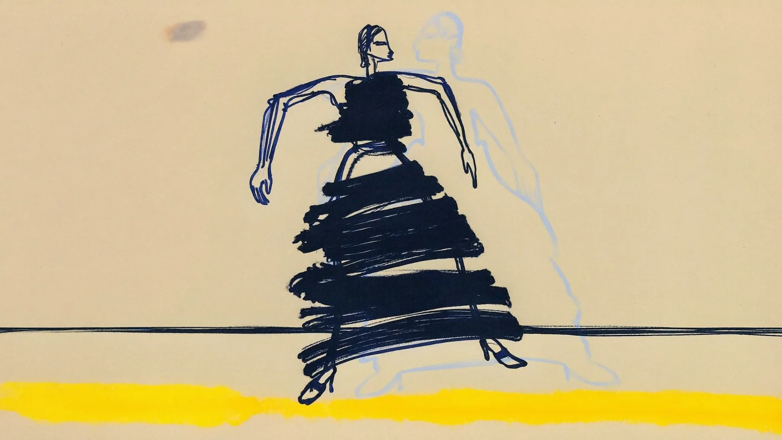 Starten: en figur står vid kanten av ett tomt golv, en fot över en gul linje. Tuschillustration.