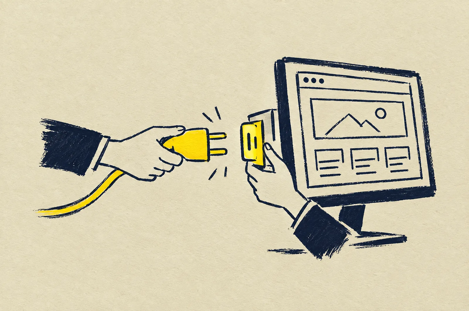 Starten — vi kopplar in AI:n i er WordPress Tuschillustration: två händer sätter i en gul kontakt i sidan på en skärm med en webbplats.