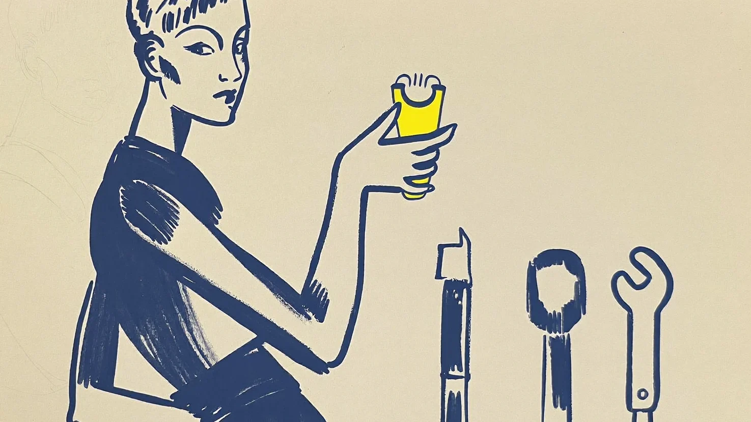 Verktyg: en figur håller upp en gul tub bredvid en rad tecknade verktyg. Tuschillustration.