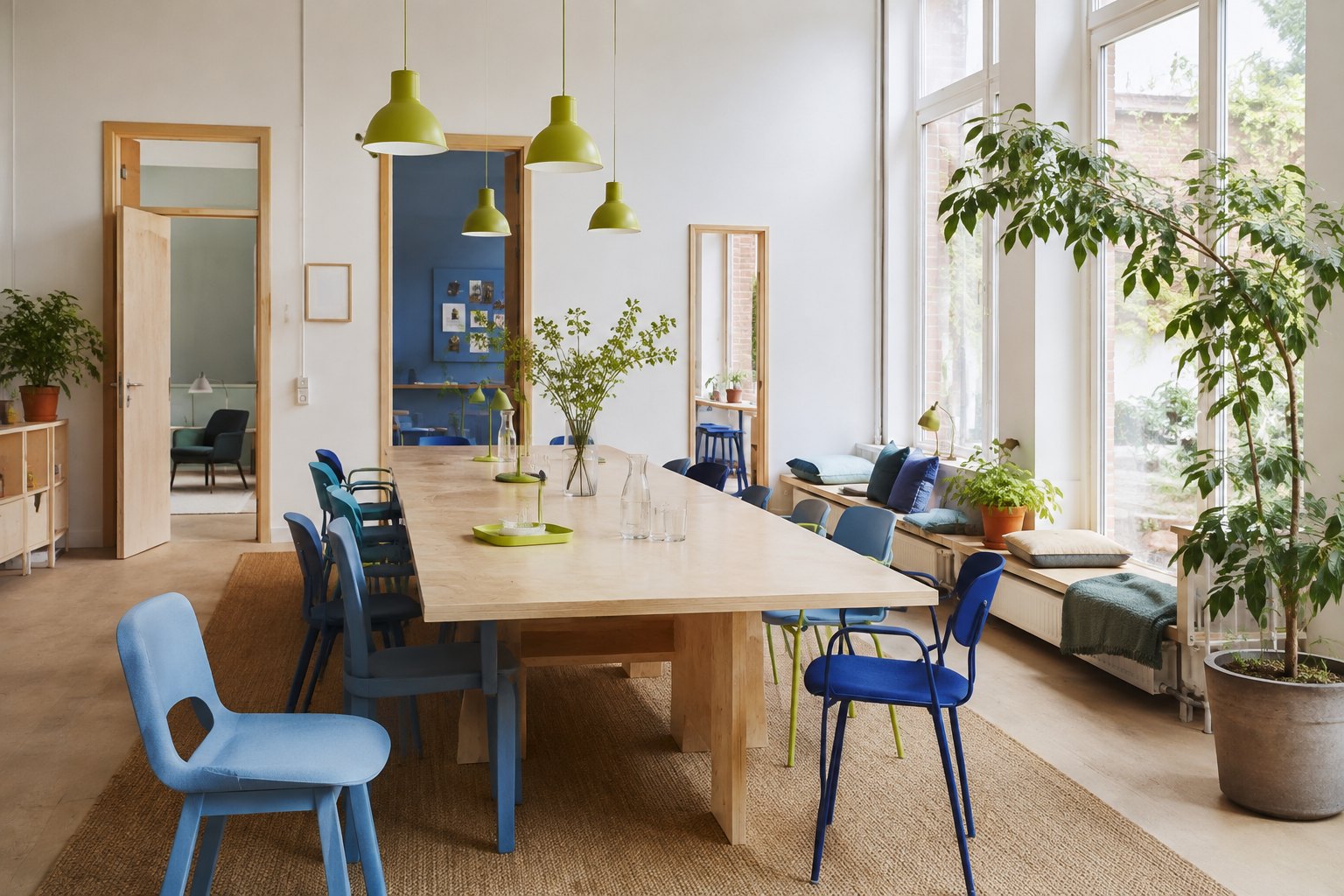 Illustration av en ljus möteslokal med långt bord och blå stolar, skapad med AI